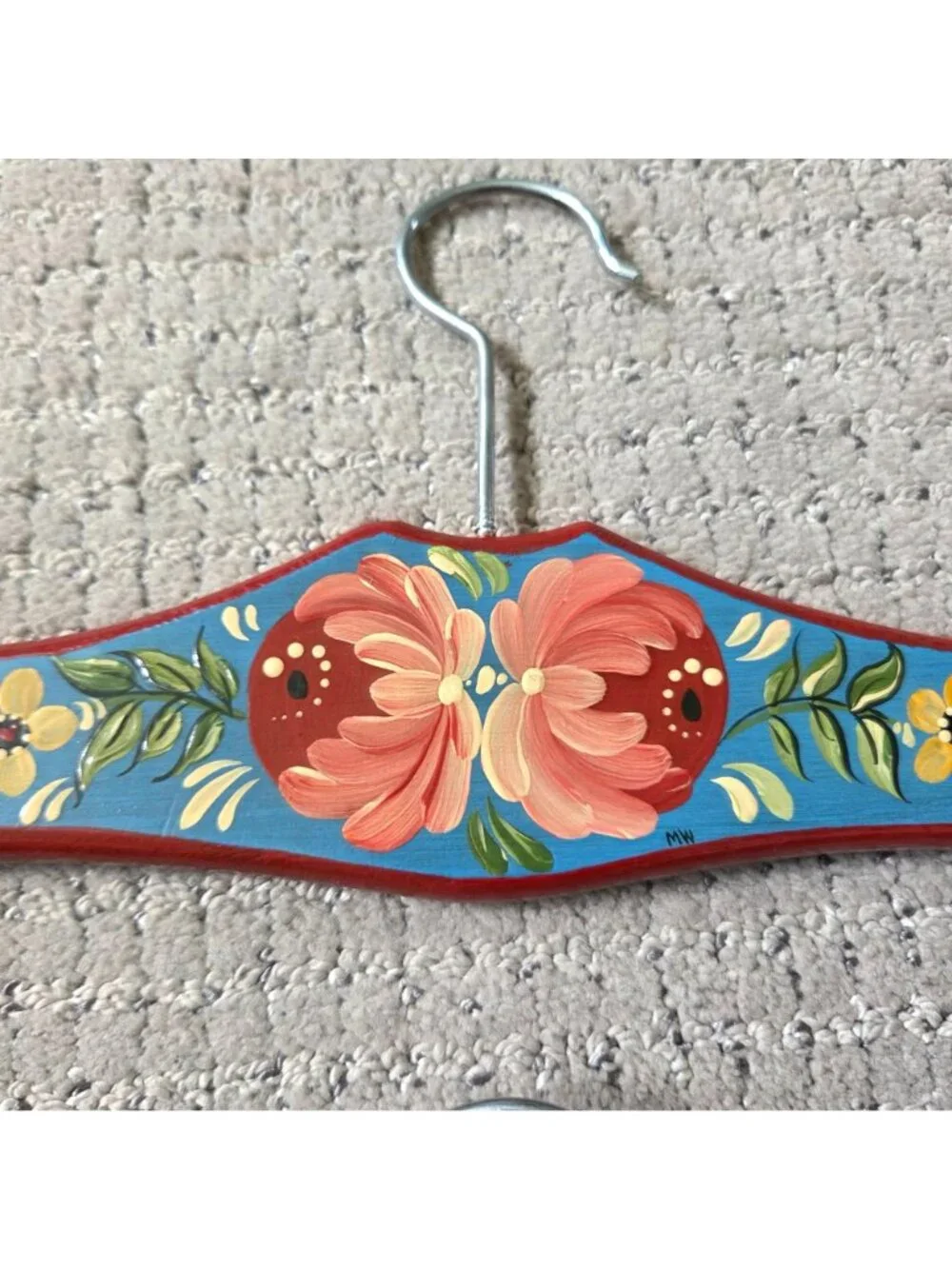 Hand Painted Wooden Clothes Hangers Folk Art Germany Cottage Boho Signed Set 2